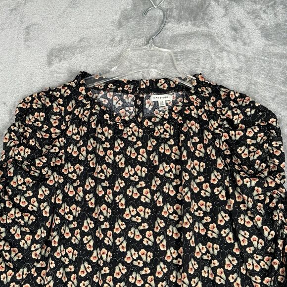Max Studio Shirt Womens XS Black Cream Floral Flower Blouse Bohemian Peasant - Picture 4 of 10